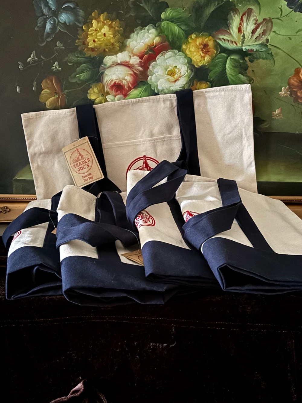 NWT 5 Trader Joe’s large Reusable Canvas Cotton Tote bag navy